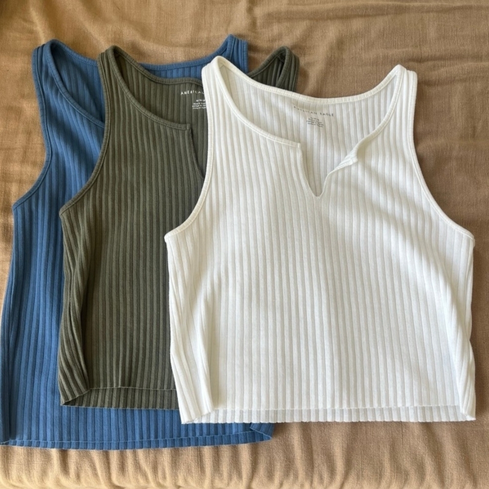 American Eagle Outfitters Ribbed Tank Tops - White, Olive, Blue
